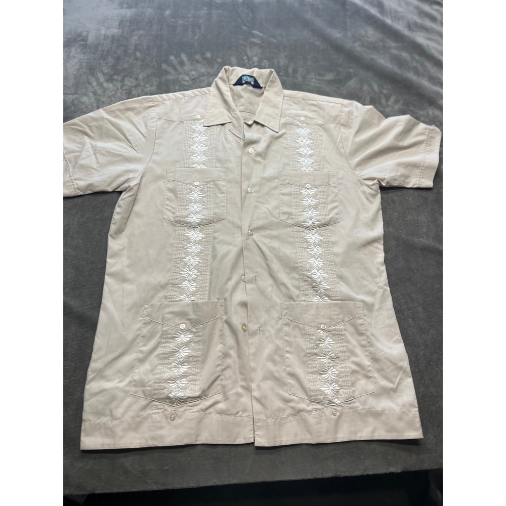 Mens Short Sleeve Beige Embroidered Cuban‎ Style Button Up Shirt